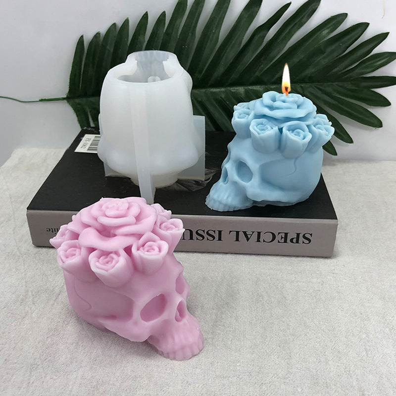 Halloween candle silicone mold-skull candle mold-skull resin molds-plaster mould-skull with flowers resin molds-candle mould-home decoration
