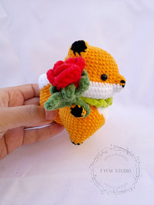 Fox with rose flower Crochet Toy with Milk Yarn/ Handmade Toy Keychain