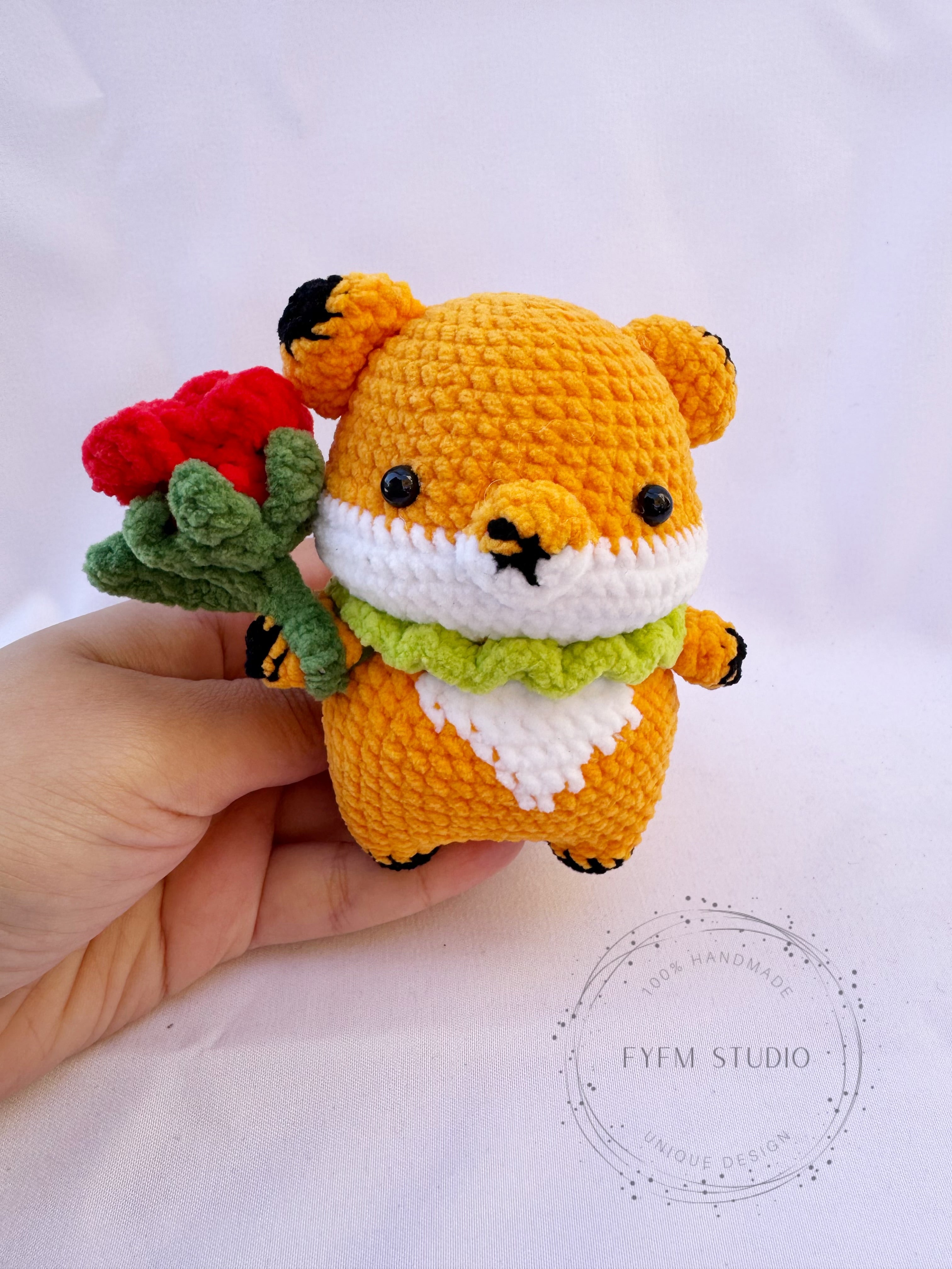 Fox with rose flower Crochet Toy with Milk Yarn/ Handmade Toy Keychain