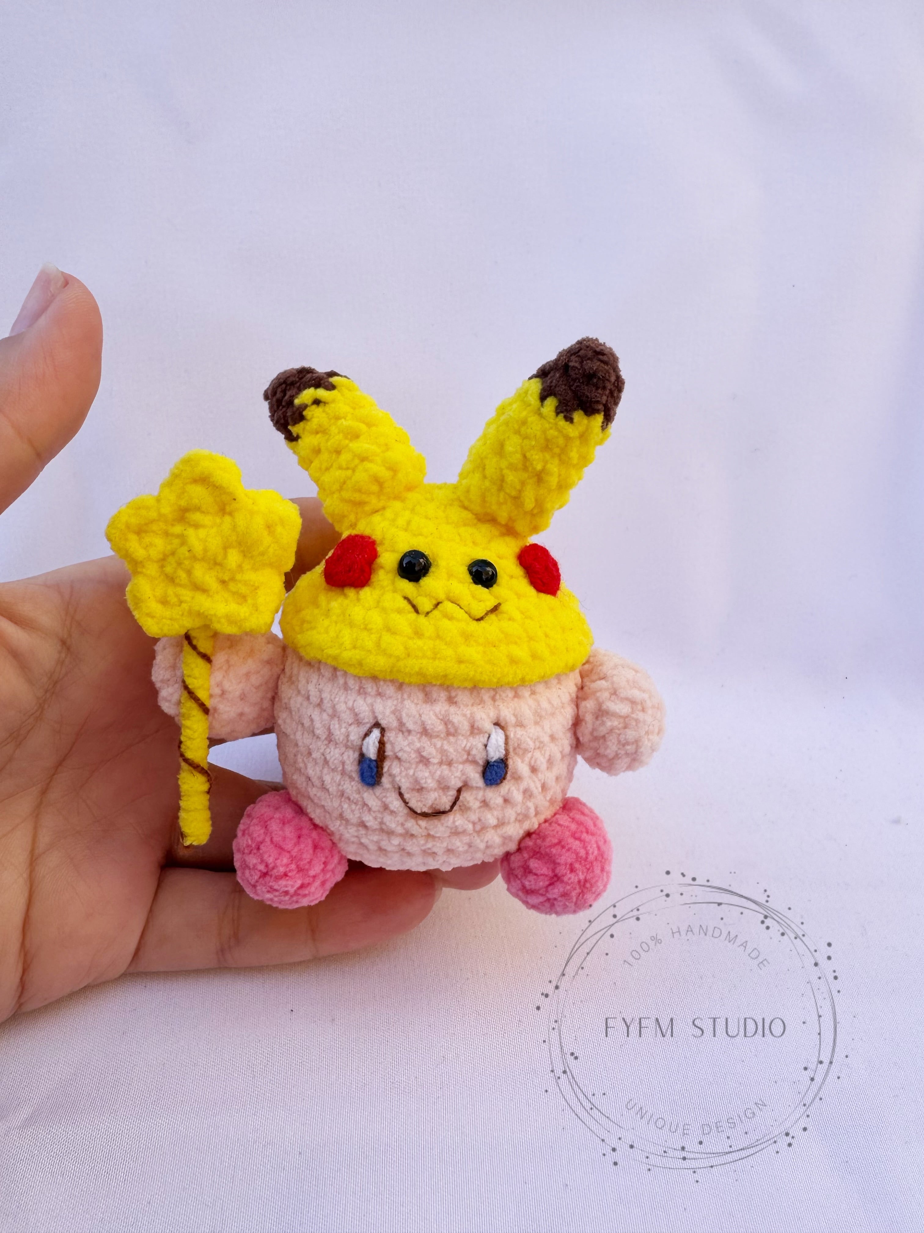 Kirby with Pikachu Crochet Toy with Velvet Yarn/ Handmade Toy Keychain