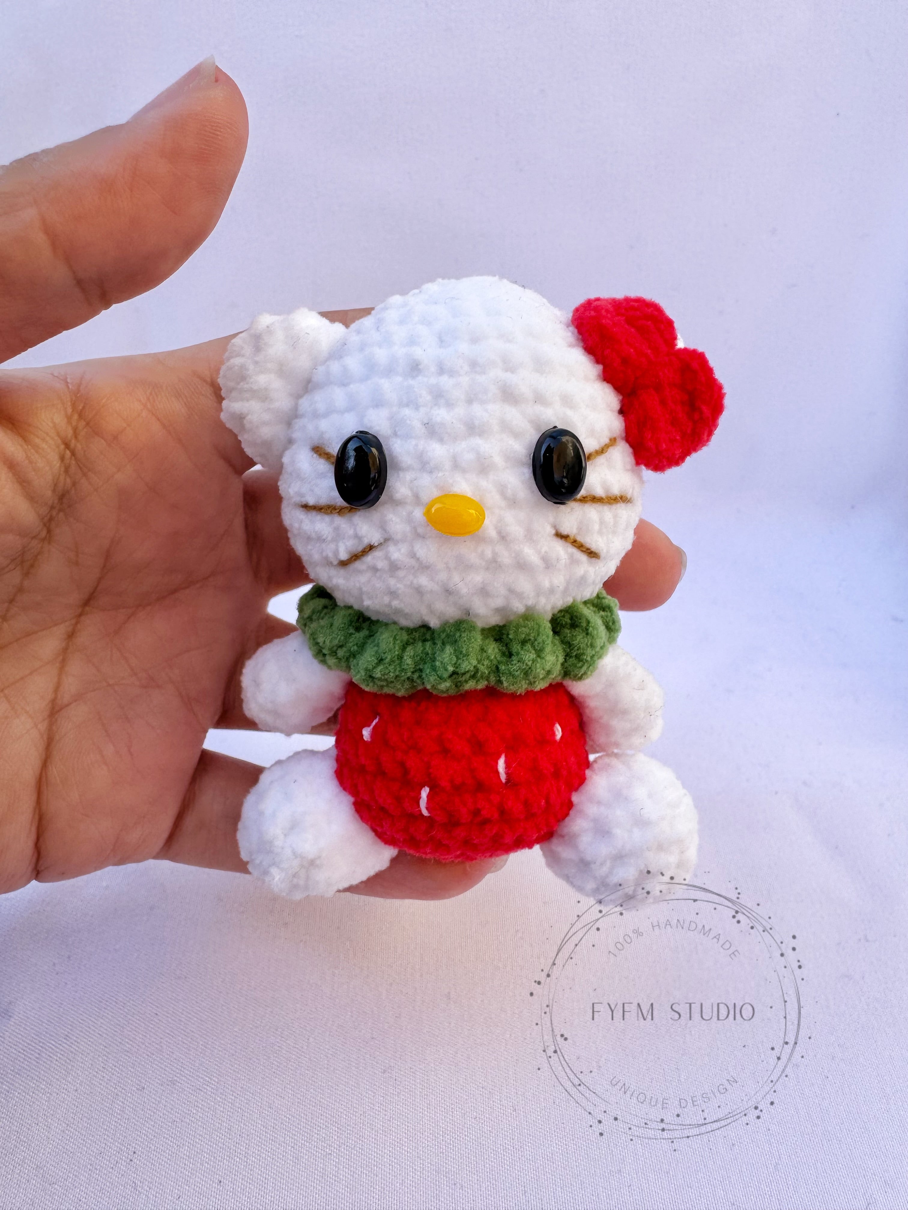 Strawberry Hello Kitty Crochet Toy with Velvet Yarn/ Handmade Toy Keychai