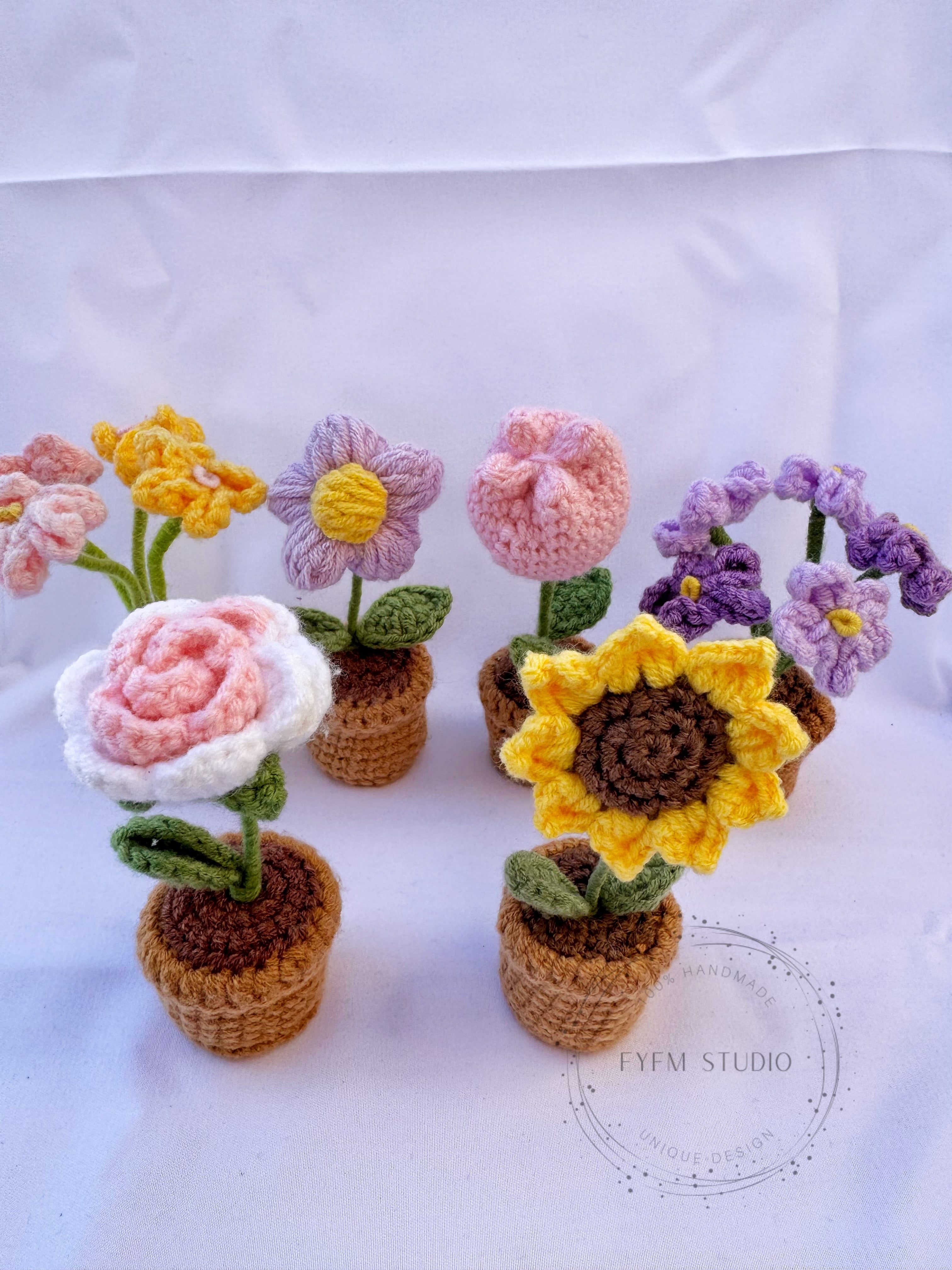 Flower Crochet  with Milk Yarn/ Handmade Flower Pot/sunflower/rose/daisy/tulip