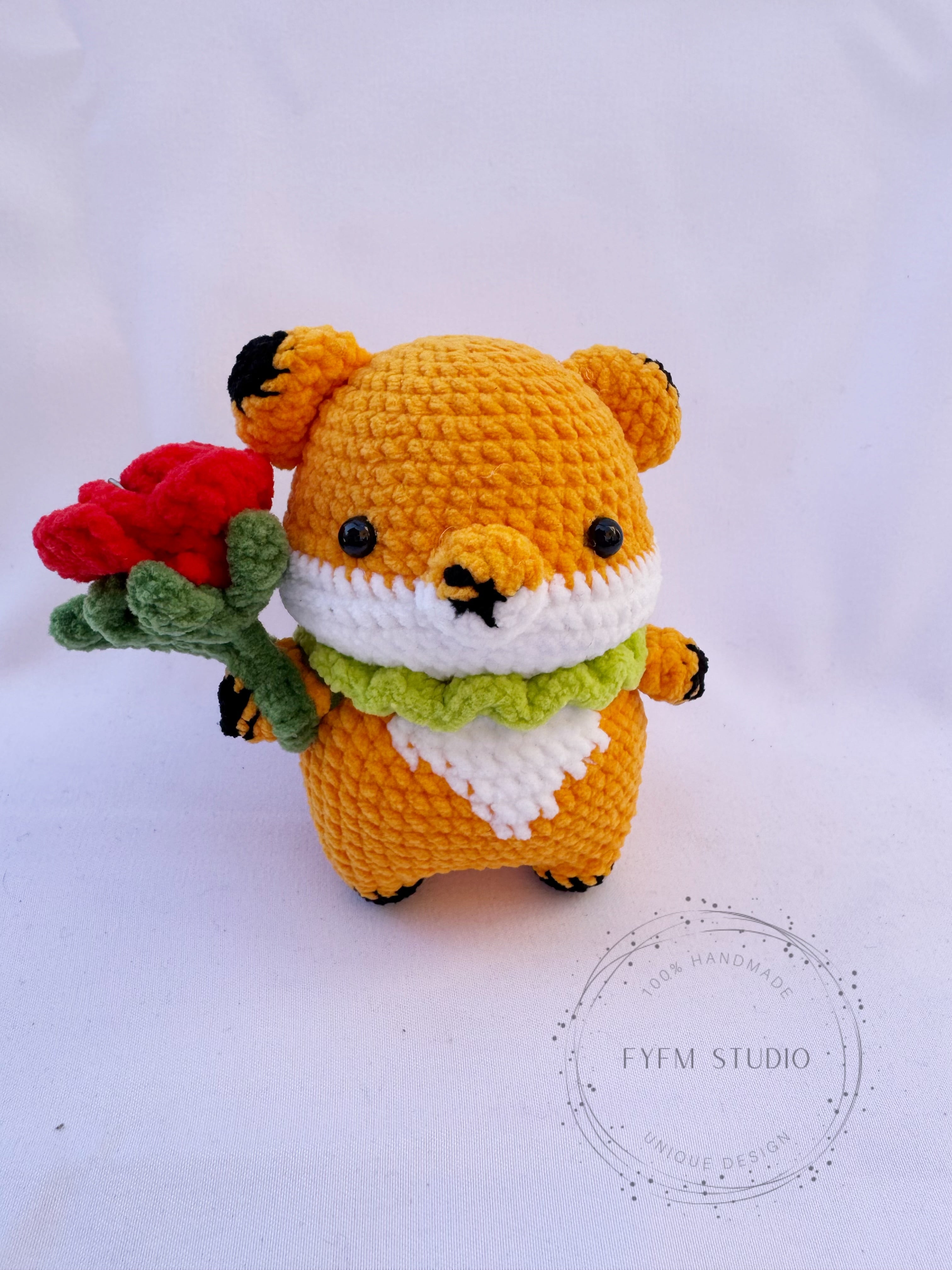 Fox with rose flower Crochet Toy with Milk Yarn/ Handmade Toy Keychain Add Keychain Fox with rose flower Crochet Toy with Milk Yarn/ Handmade Toy Keychain Add Keychain