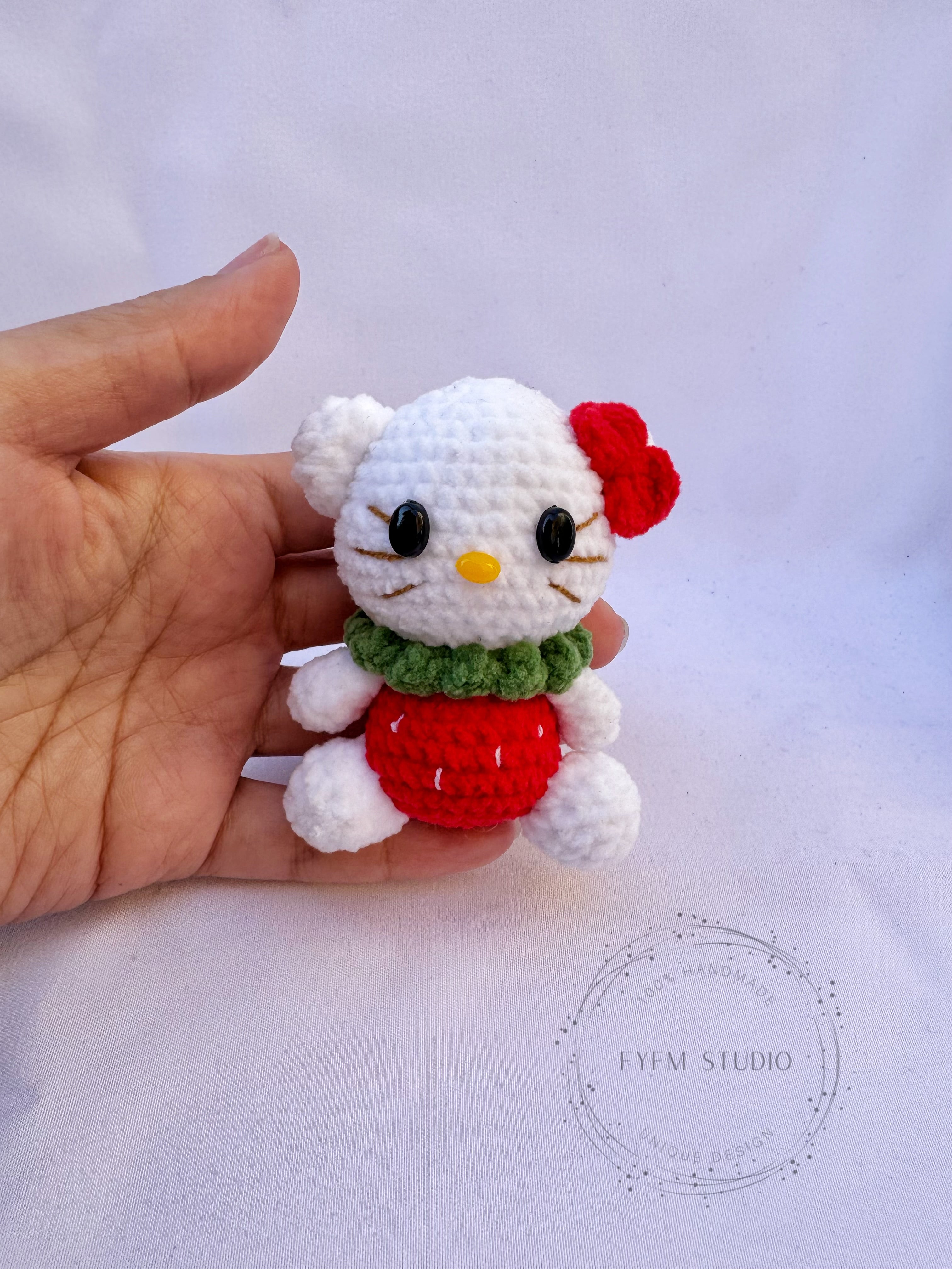 Strawberry Hello Kitty Crochet Toy with Velvet Yarn/ Handmade Toy Keychai