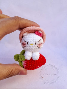 Strawberry Hello kitty Crochet Toy with Velvet Yarn/ Handmade Toy Keychai