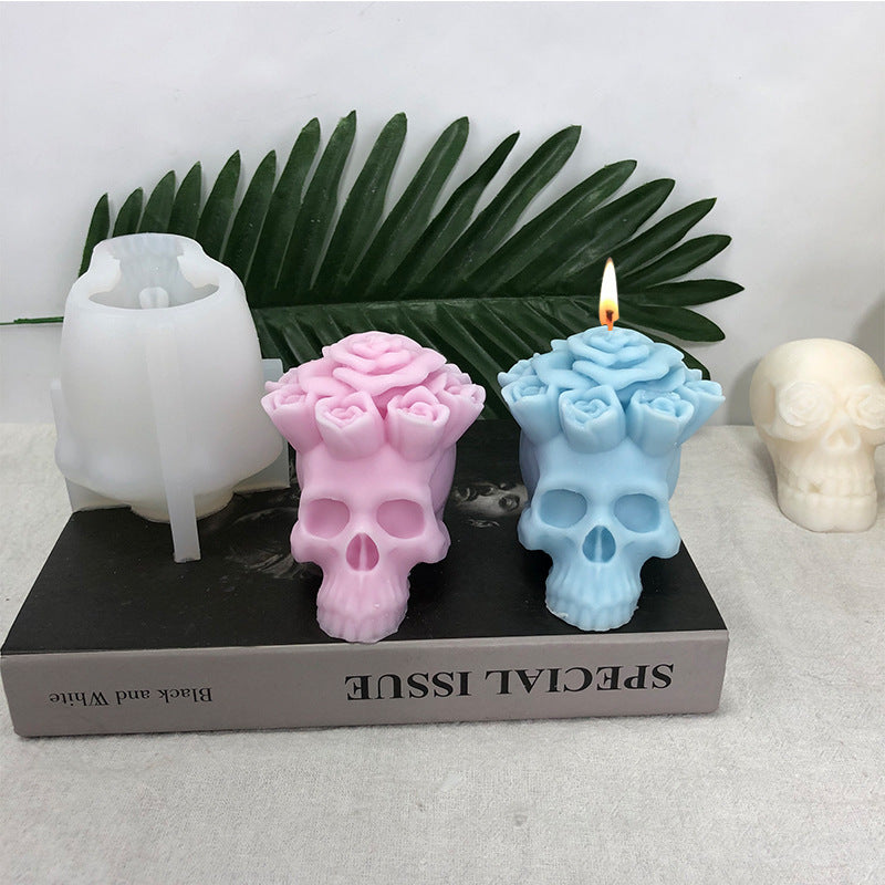 Halloween candle silicone mold-skull candle mold-skull resin molds-plaster mould-skull with flowers resin molds-candle mould-home decoration